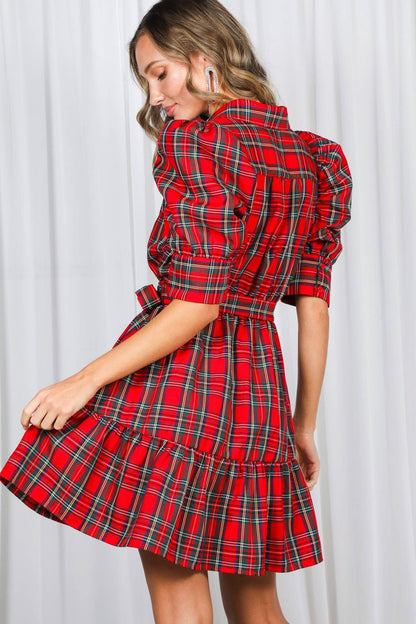 Red Plaid Short Puff Sleeve Mini Dress