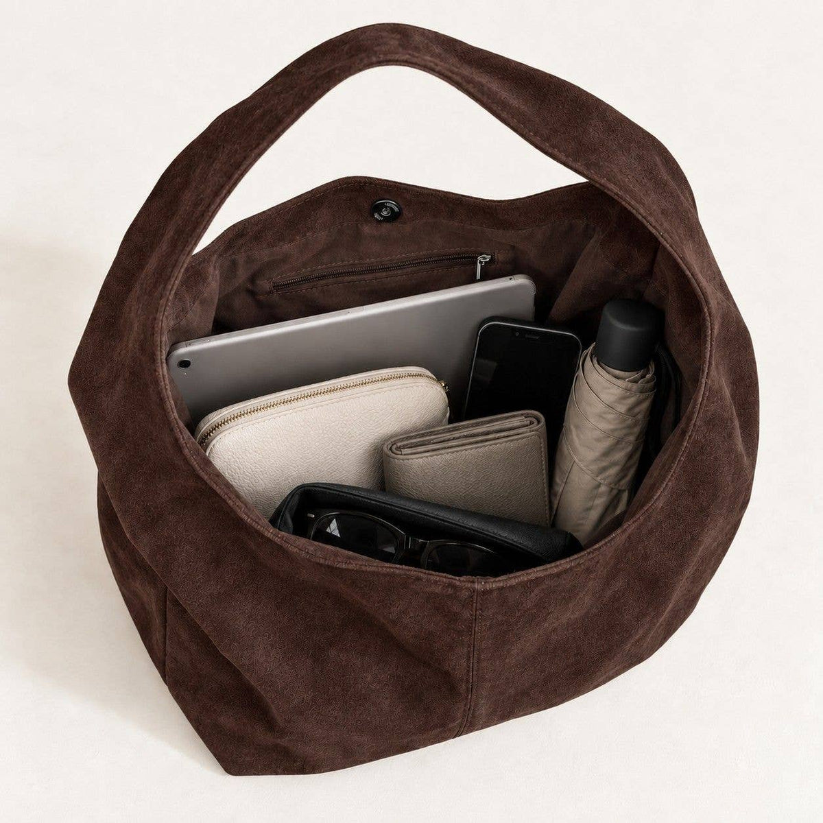 Coffee Brown Large Faux Suede Hobo Shoulder Bag with Magnetic Closure