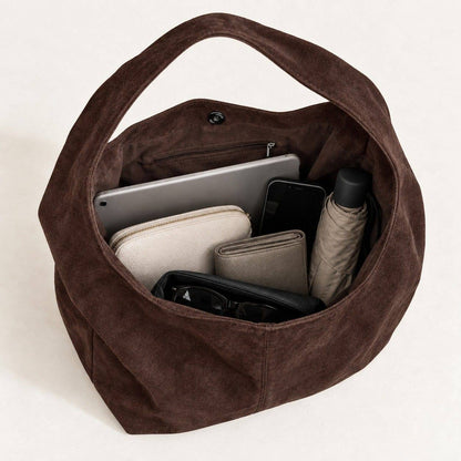 Coffee Brown Large Faux Suede Hobo Shoulder Bag with Magnetic Closure