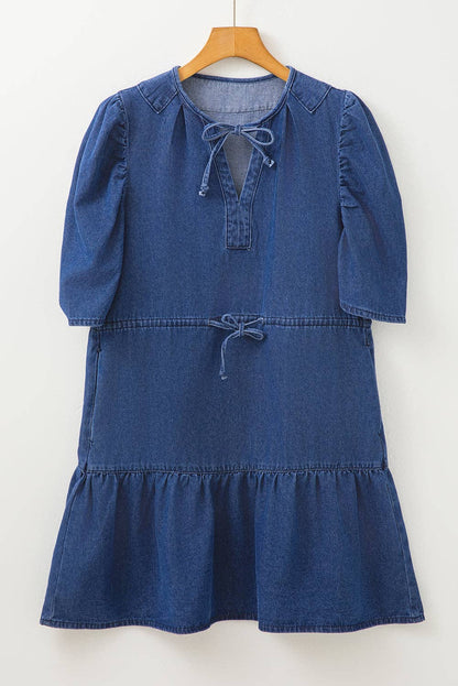 High Waist Puff Sleeve Denim Mini Dress