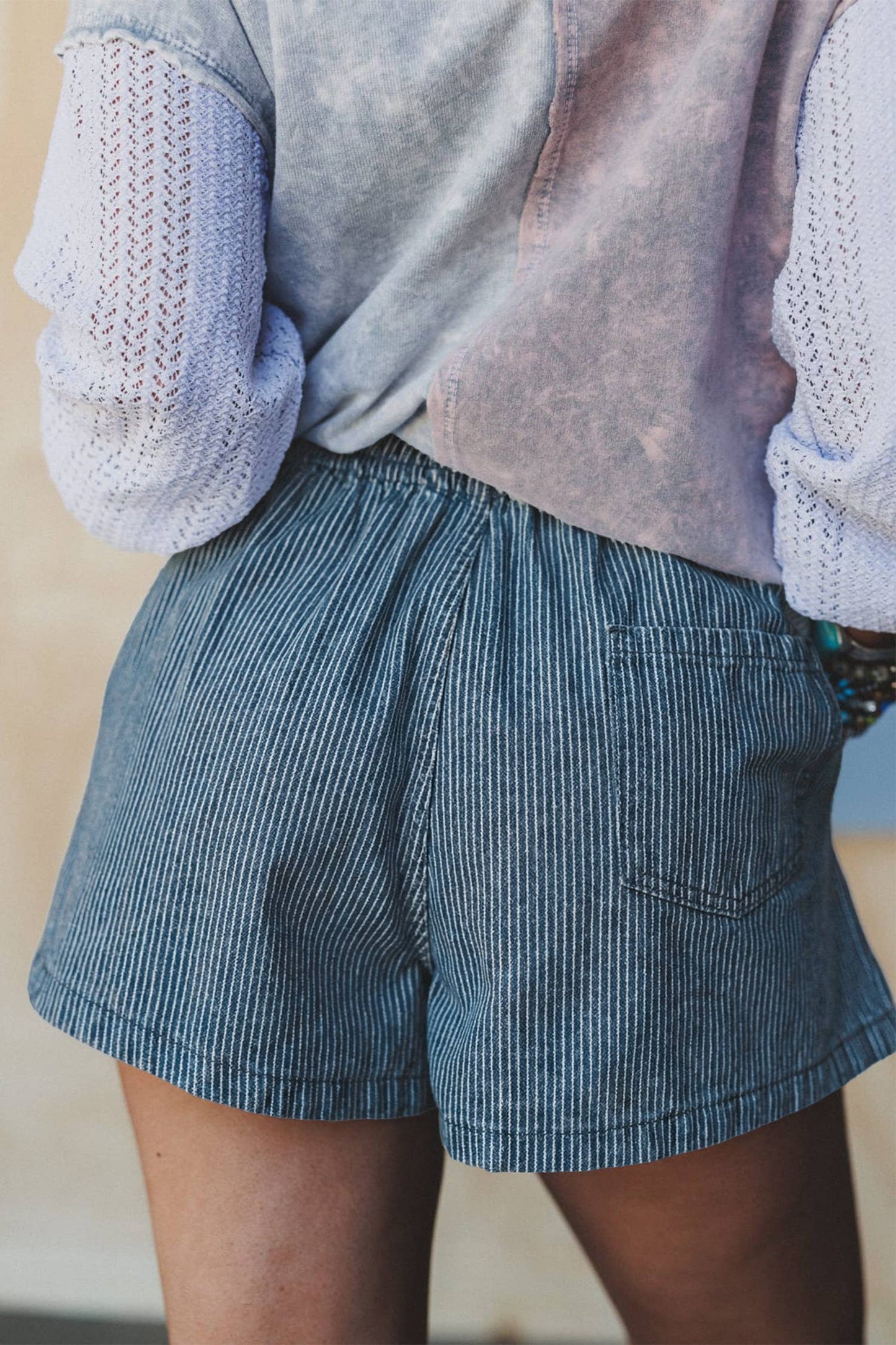 Striped Elastic Waist Casual Denim Shorts
