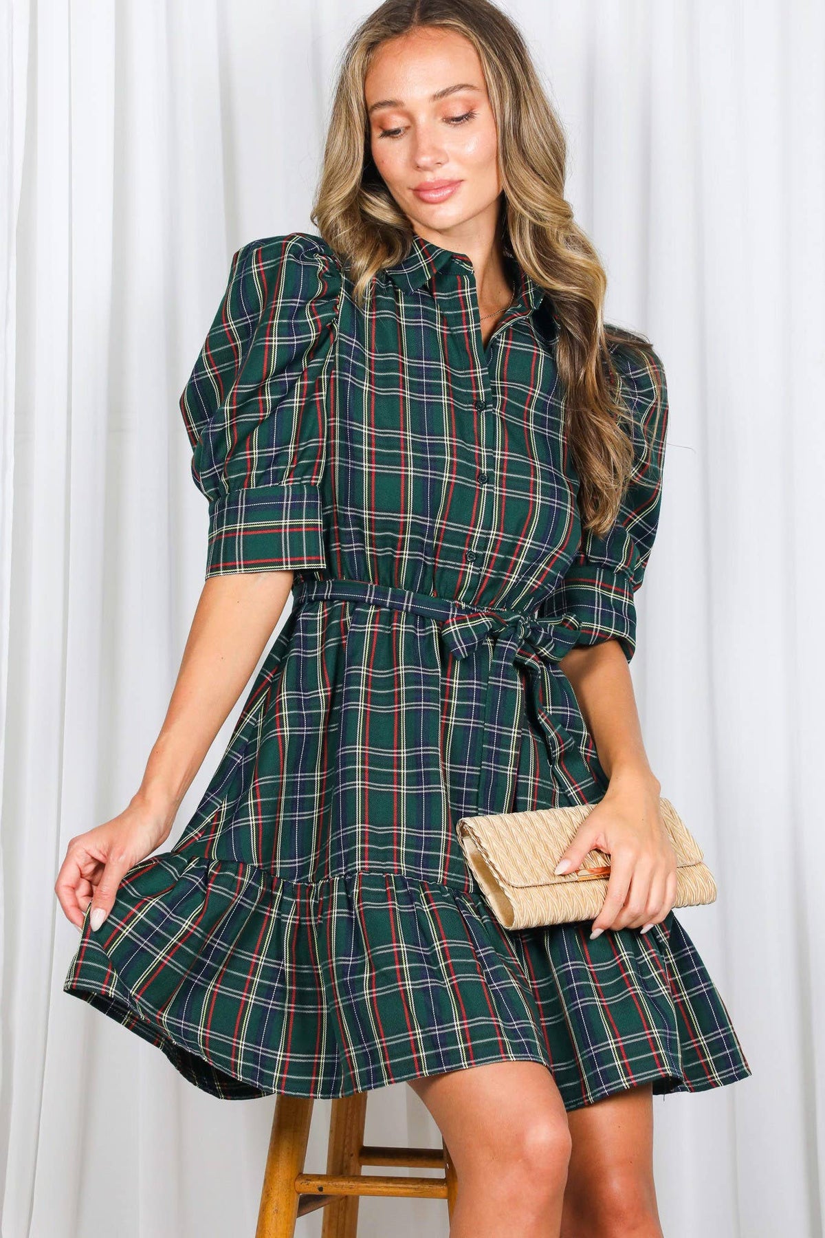 Red Plaid Short Puff Sleeve Mini Dress