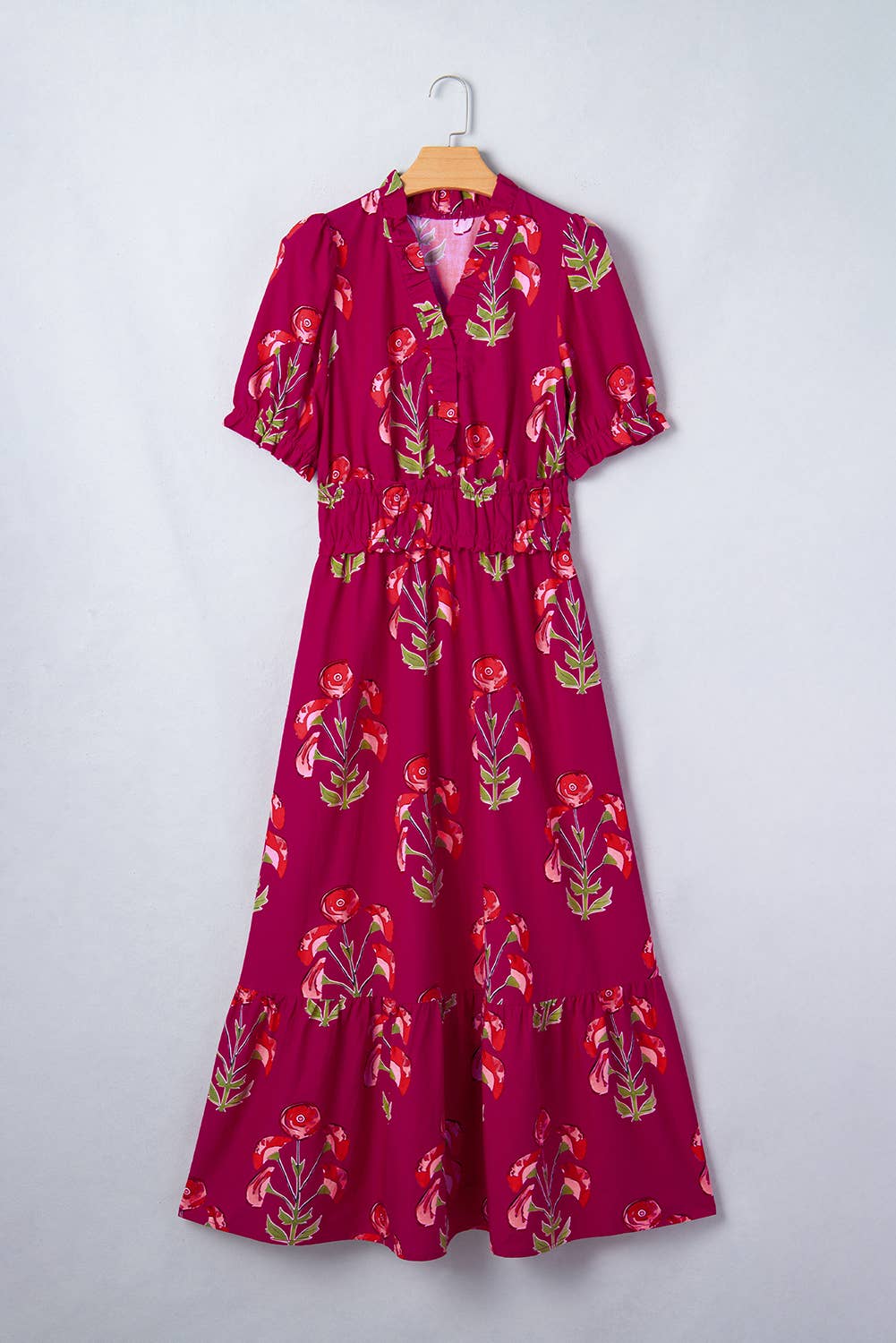 Red Floral Short Sleeve Ruffle Maxi Dress