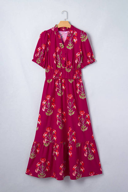 Red Floral Short Sleeve Ruffle Maxi Dress
