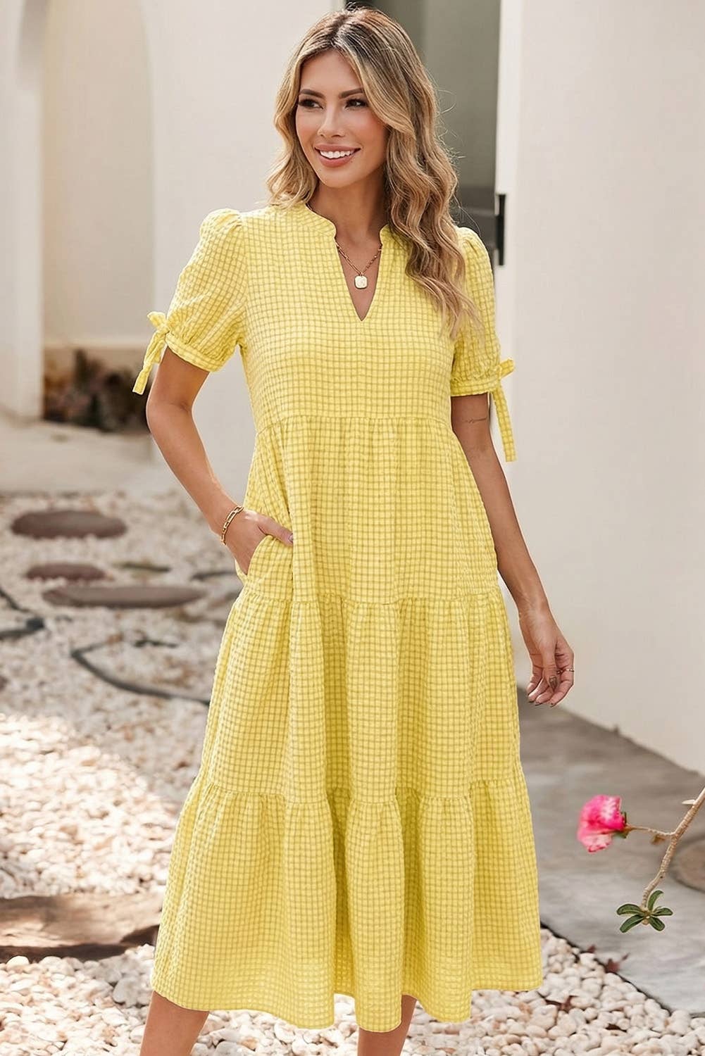 Yellow Gingham Textured Bow Tie Short Sleeve Tiered Midi Dress