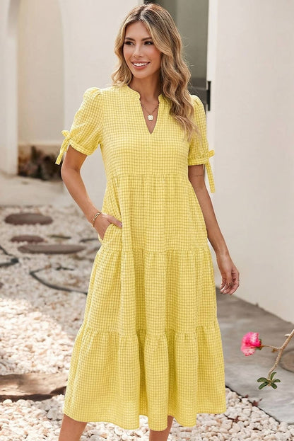 Yellow Gingham Textured Bow Tie Short Sleeve Tiered Midi Dress