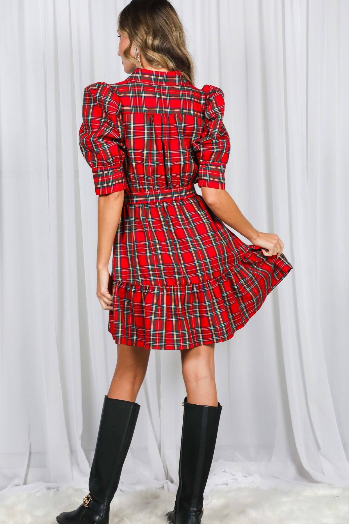 Red Plaid Short Puff Sleeve Mini Dress