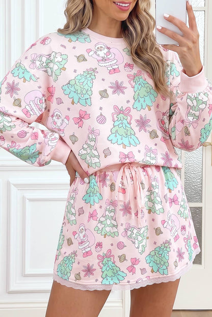 Pink Christmas Floral Print Lace Trim Long Sleeve Skirt 2Pcs Set