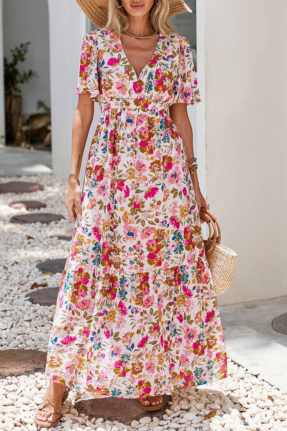 Floral Short Sleeve High Waist Maxi Dress