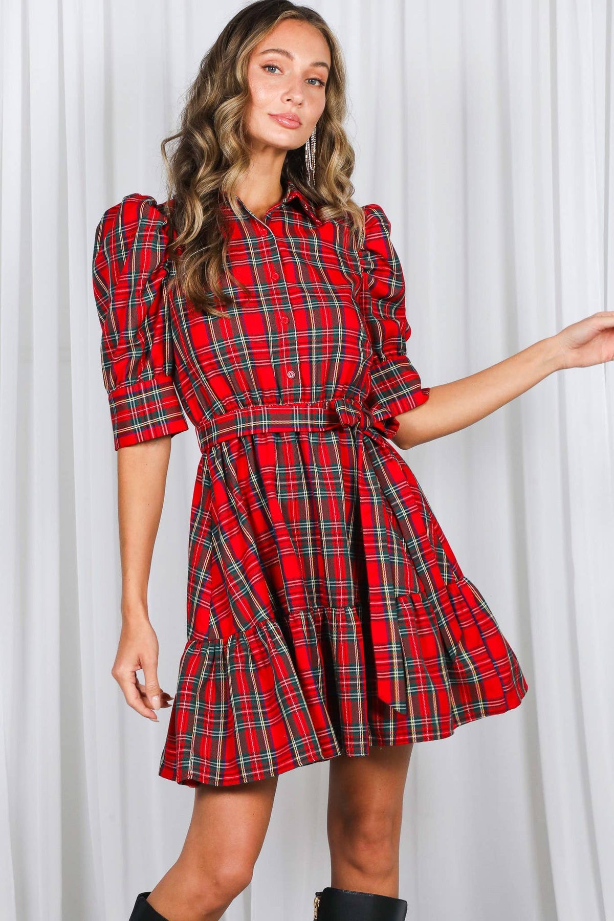 Red Plaid Short Puff Sleeve Mini Dress