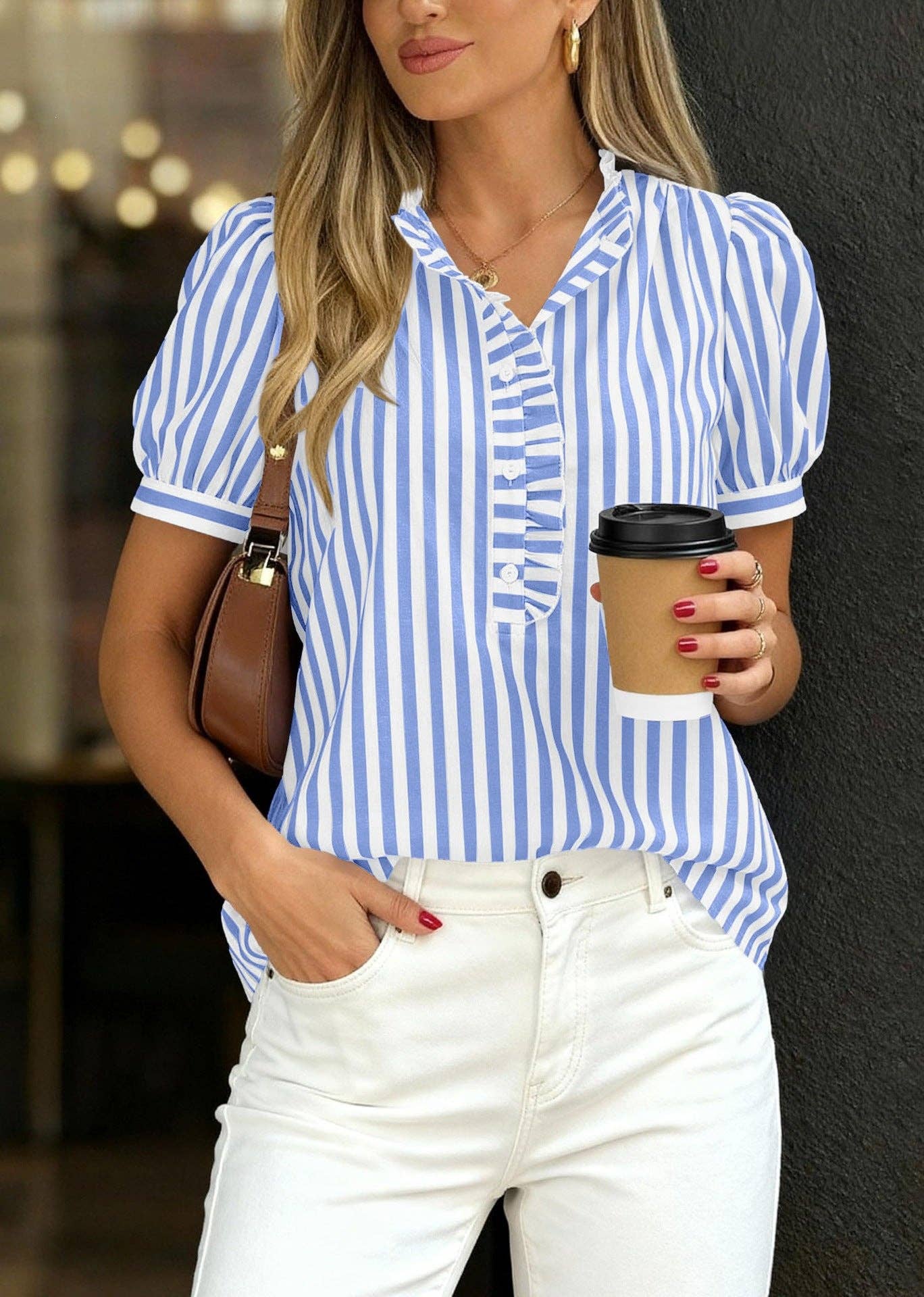 Striped Ruffle Puff Sleeve Blouse