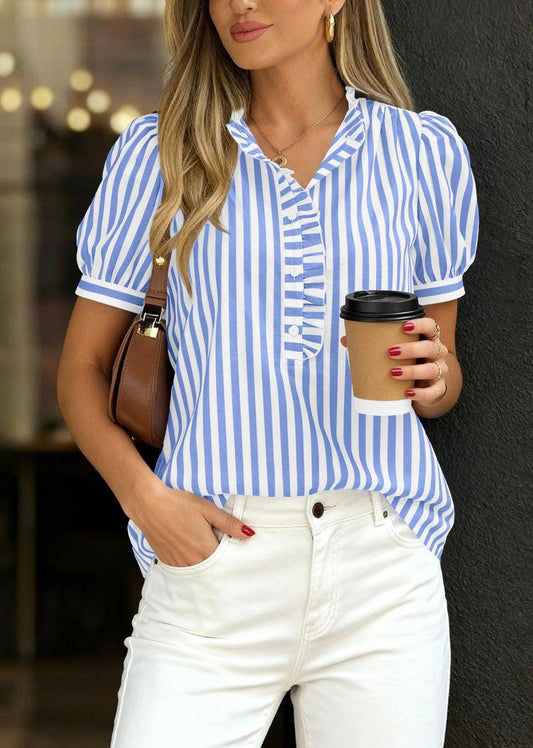 Striped Ruffle Puff Sleeve Blouse