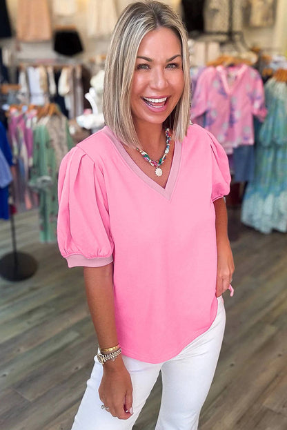 V Neck Puff Sleeve Blouse