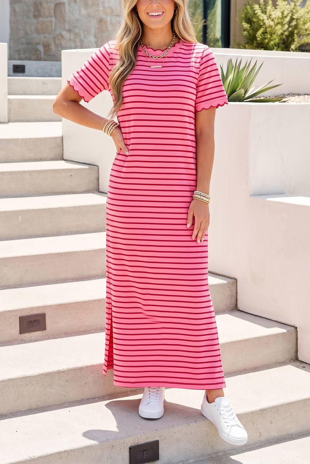 Scalloped Trim Striped T Shirt Dress